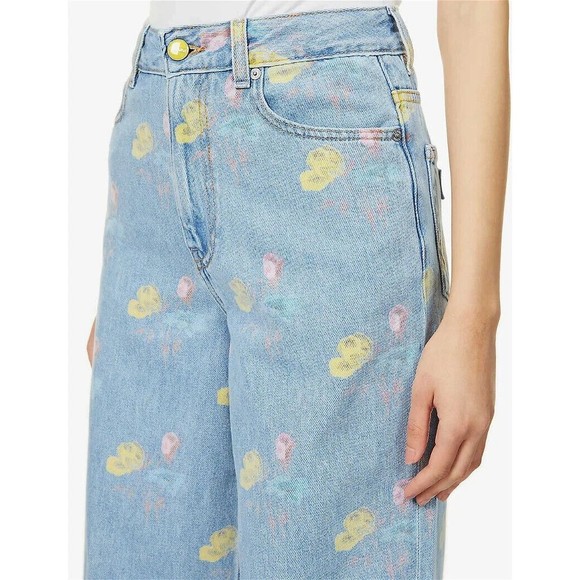 GANNI Floral Print Denim Core Magny Wide Straight Jeans Bleach Light Blue 25 - Picture 4 of 15